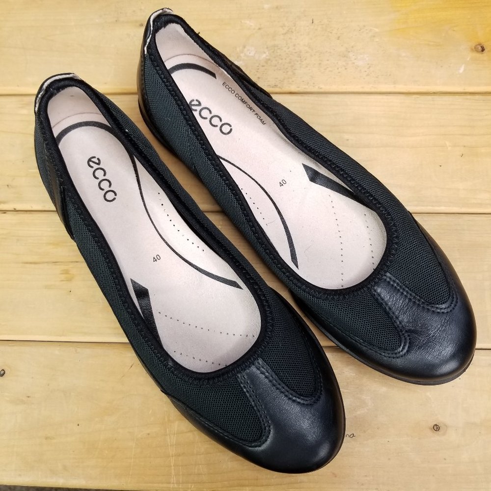 Ecco Comfort Foam Womens 9 EU40 Black Leather/Mesh Fabric Slip On Casual Flats